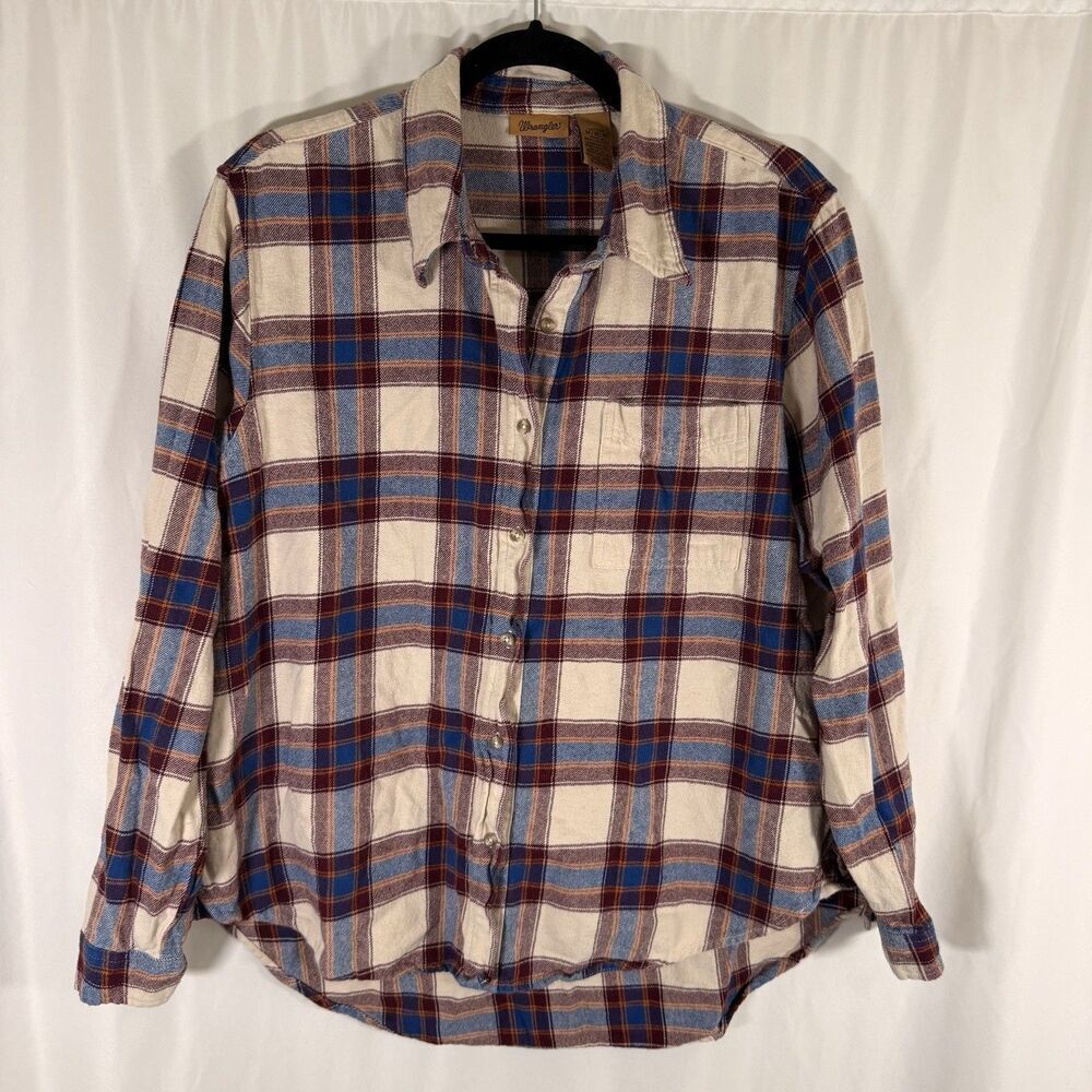 Wrangler Flannel Shirt Men's Medium Red White Plaid Long Sleeve Button Up Cotton
